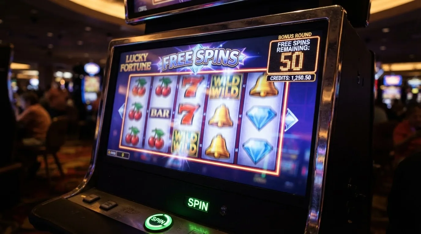 Una slot machine online con il contatore che mostra 50 giri gratuiti attivi, primo piano sul pulsante Spin