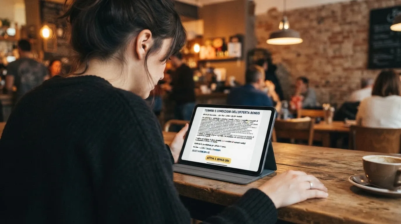 Un giocatore che consulta i termini e condizioni su un tablet prima di attivare i giri gratuiti, espressione riflessiva