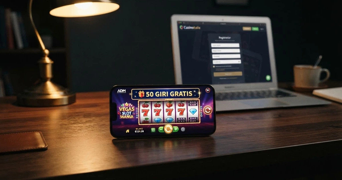 Una schermata di registrazione a un casinò online con il messaggio «50 giri gratis senza deposito» e una slot machine in evidenza sullo sfondo