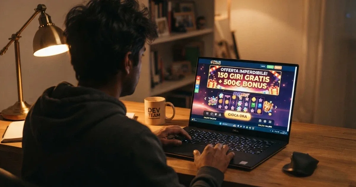 L'interfaccia di un casinò online con una promo di giri gratis senza deposito evidenziata sullo schermo di un laptop