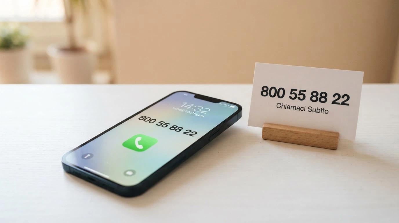 Un telefono con la cornetta alzata accanto alla scritta 800 55 88 22 e il logo del servizio sanitario