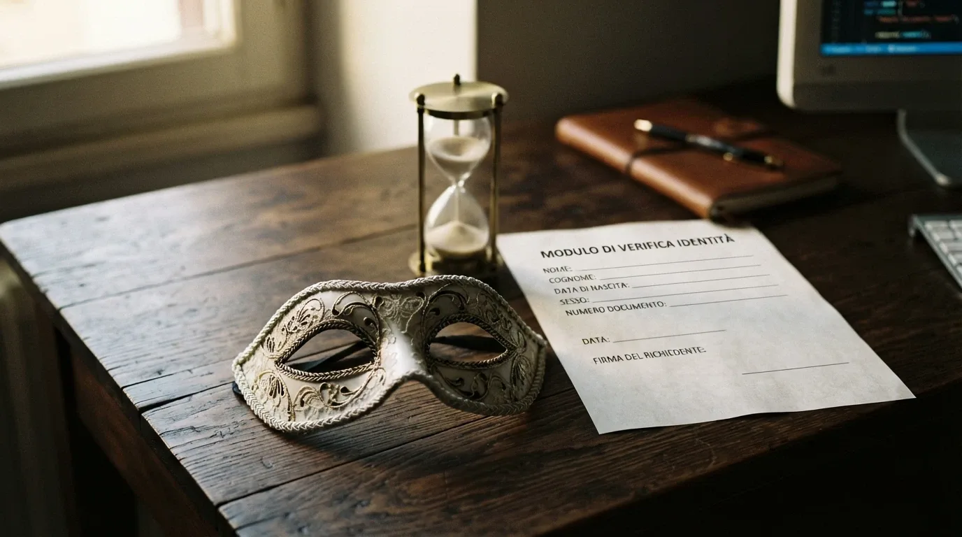 Una maschera stilizzata posata accanto a un modulo di verifica identità con un timer che segna «richiesto sopra soglia»