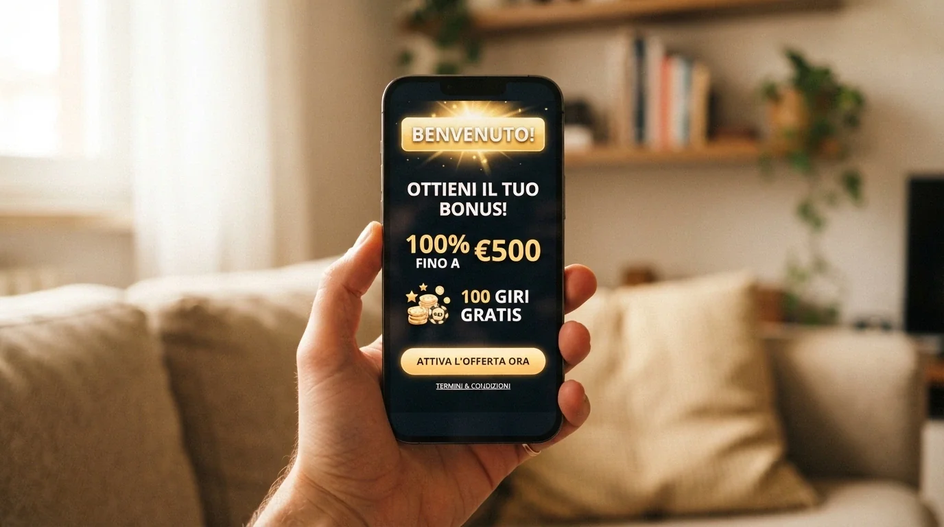 Uno smartphone con l'app di un casinò ADM aperta sulla schermata del bonus di benvenuto