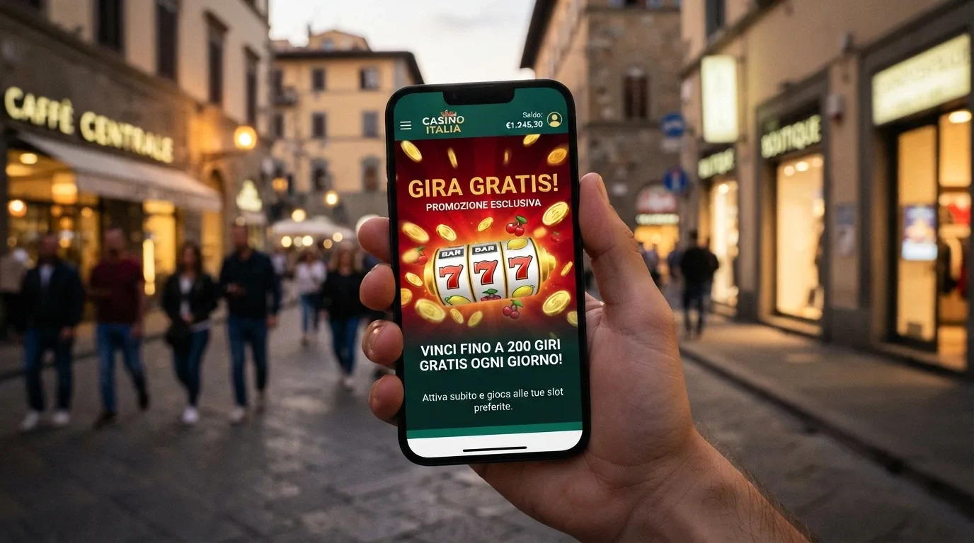 Una mano che tiene uno smartphone con l'app di un casinò aperta sulla schermata dei giri gratis, su sfondo urbano