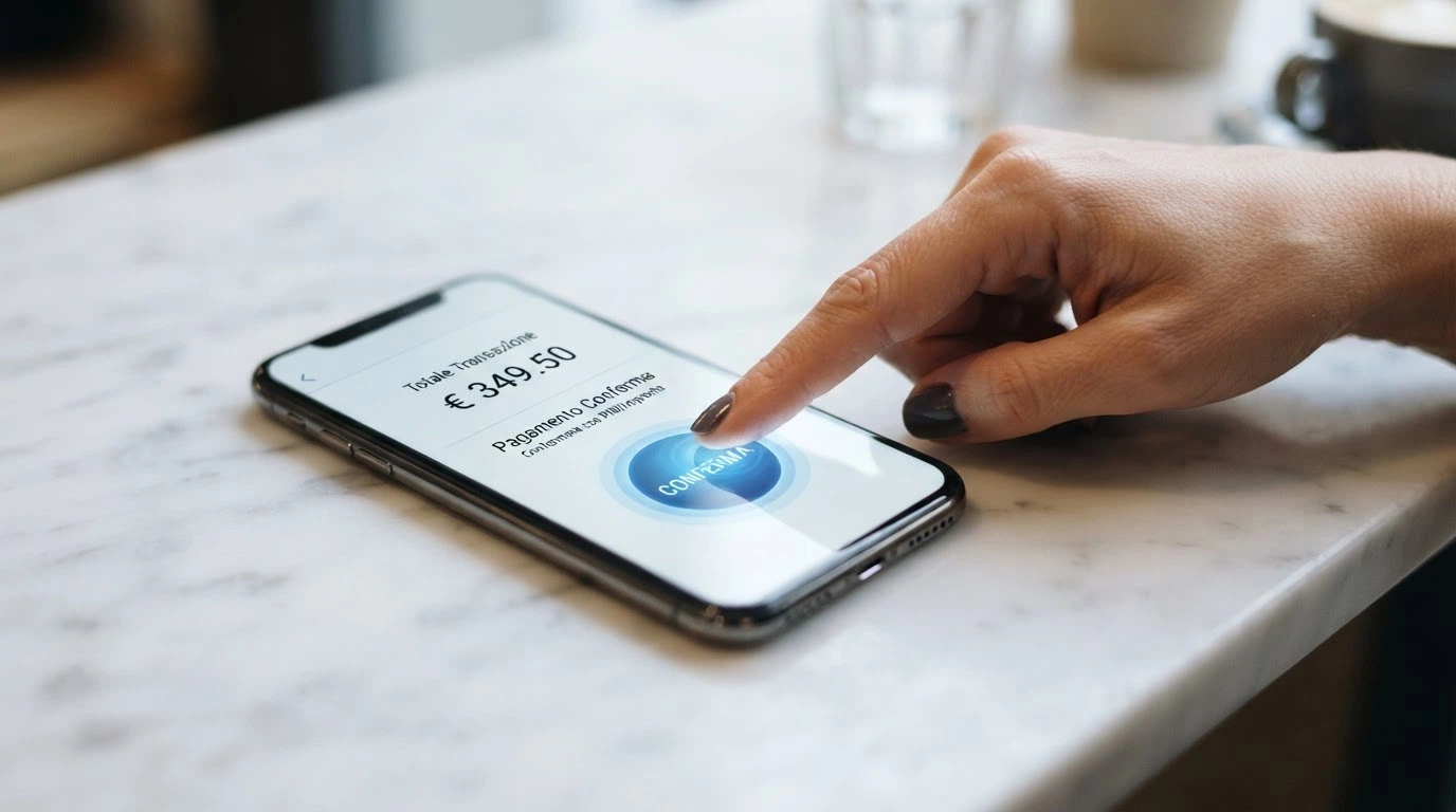 Dito su iPhone che preme il tasto «Paga con Apple Pay» nella schermata di cassa di un casinò online.