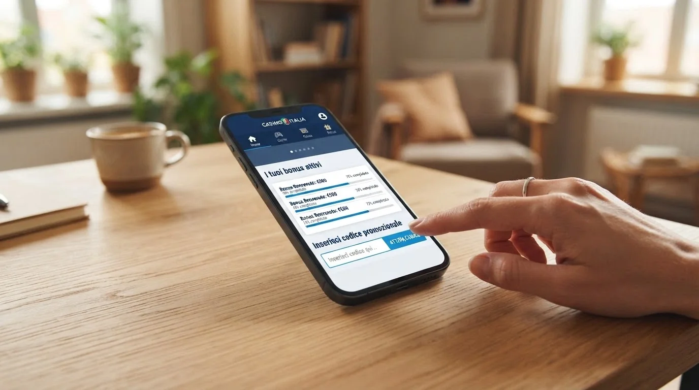 Un giocatore consulta l'area personale di un casinò online dove appare la sezione «I tuoi bonus attivi» e un campo per inserire un nuovo codice