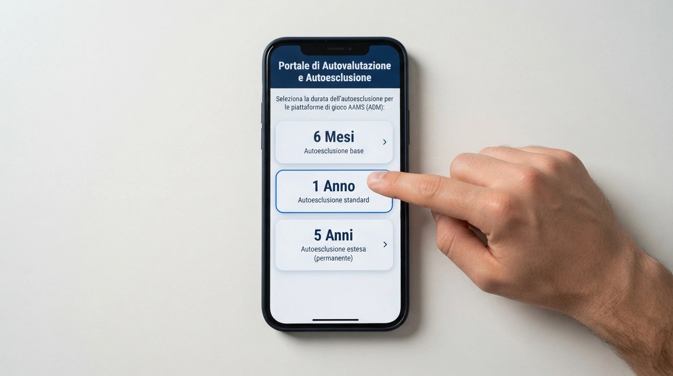 L'interfaccia del portale ADM per l'autoesclusione con le opzioni di durata e le nuove modalità introdotte nel 2026
