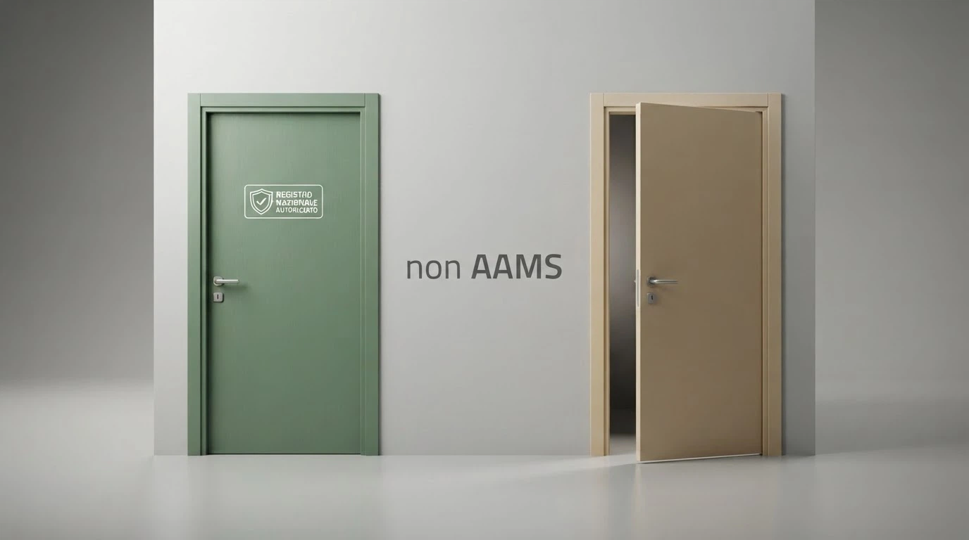 Una porta chiusa con il simbolo del RUA (Registro Unico Autoesclusi) su un lato e una porta aperta senza simbolo sull'altro lato, separate dalla scritta «non AAMS»