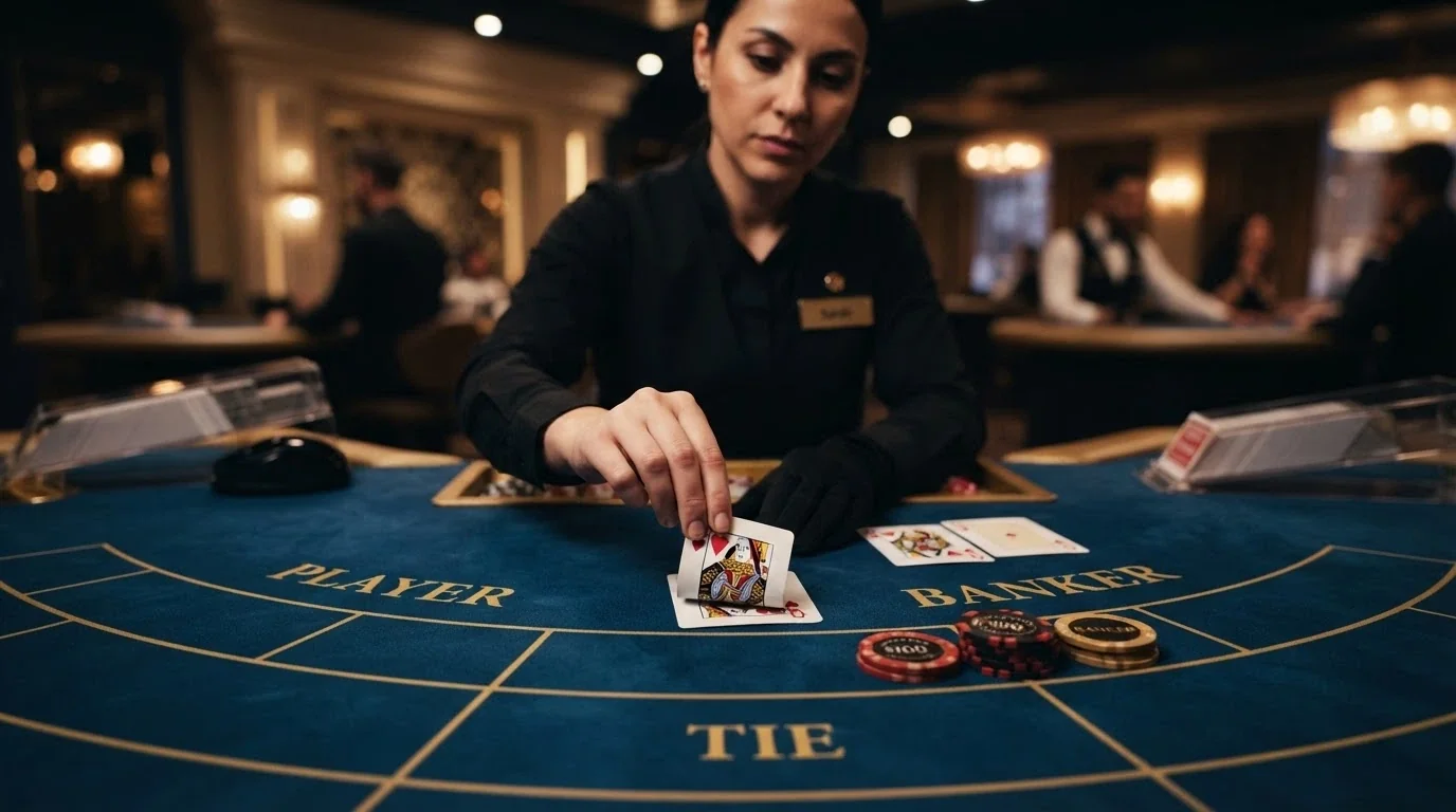 Un tavolo da baccarat live con il croupier che esegue lo squeeze delle carte, mani del giocatore e del banco visibili