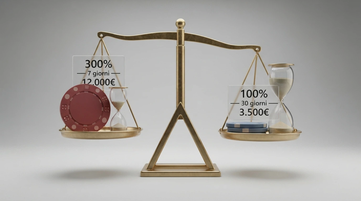 Una bilancia a due piatti: su uno «300% – 7 giorni – 12.000€ turnover», sull'altro «100% – 30 giorni – 3.500€ turnover», con il secondo piatto che pesa di più