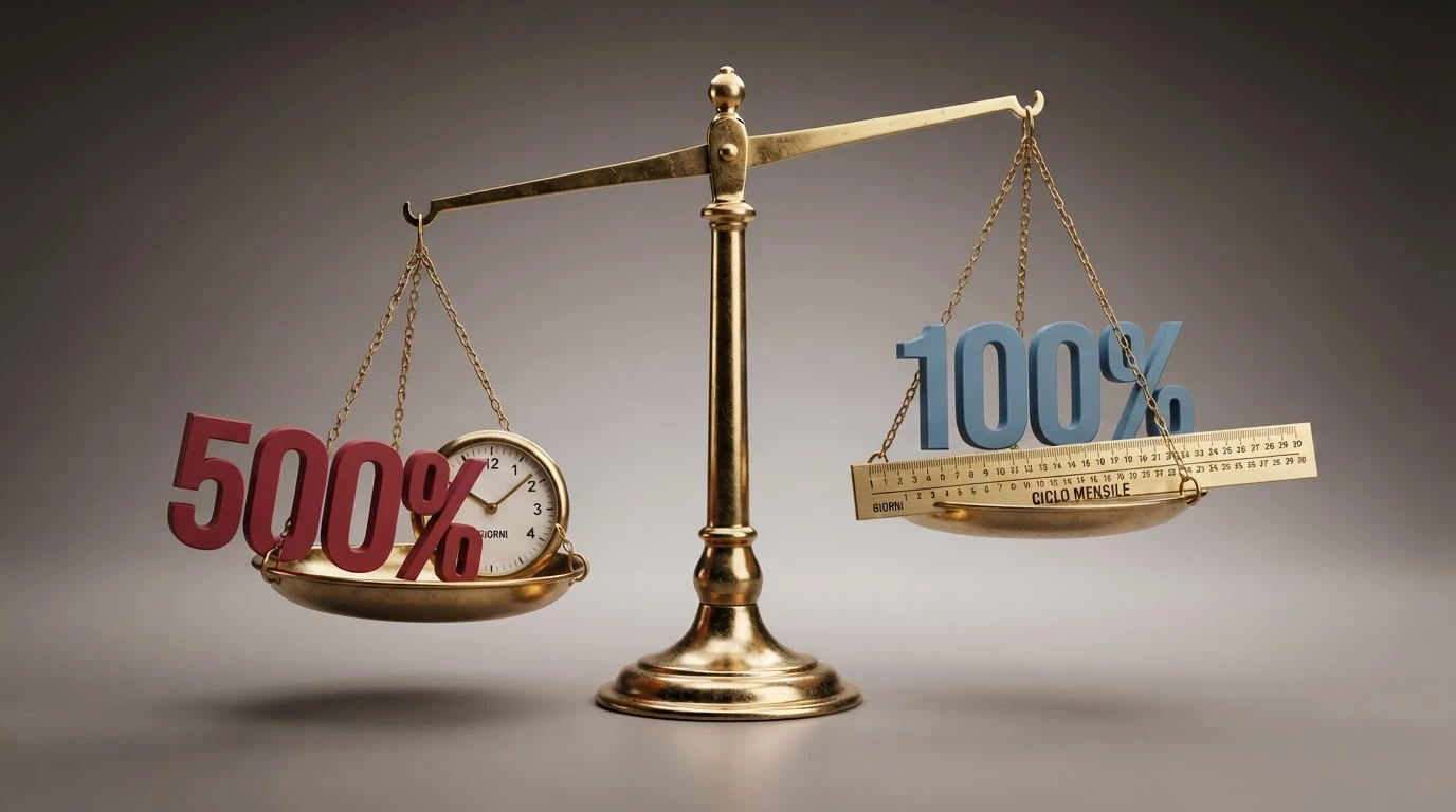 Una bilancia a due piatti: su uno il 500% con un orologio che segna 3 giorni, sull'altro il 100% con un calendario di 30 giorni