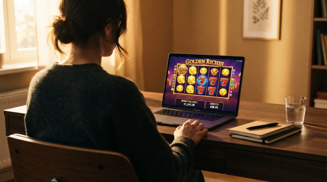 Giocatore davanti allo schermo in atteggiamento riflessivo, con interfaccia di casinò sullo sfondo e elementi visivi che richiamano protezione e rischio