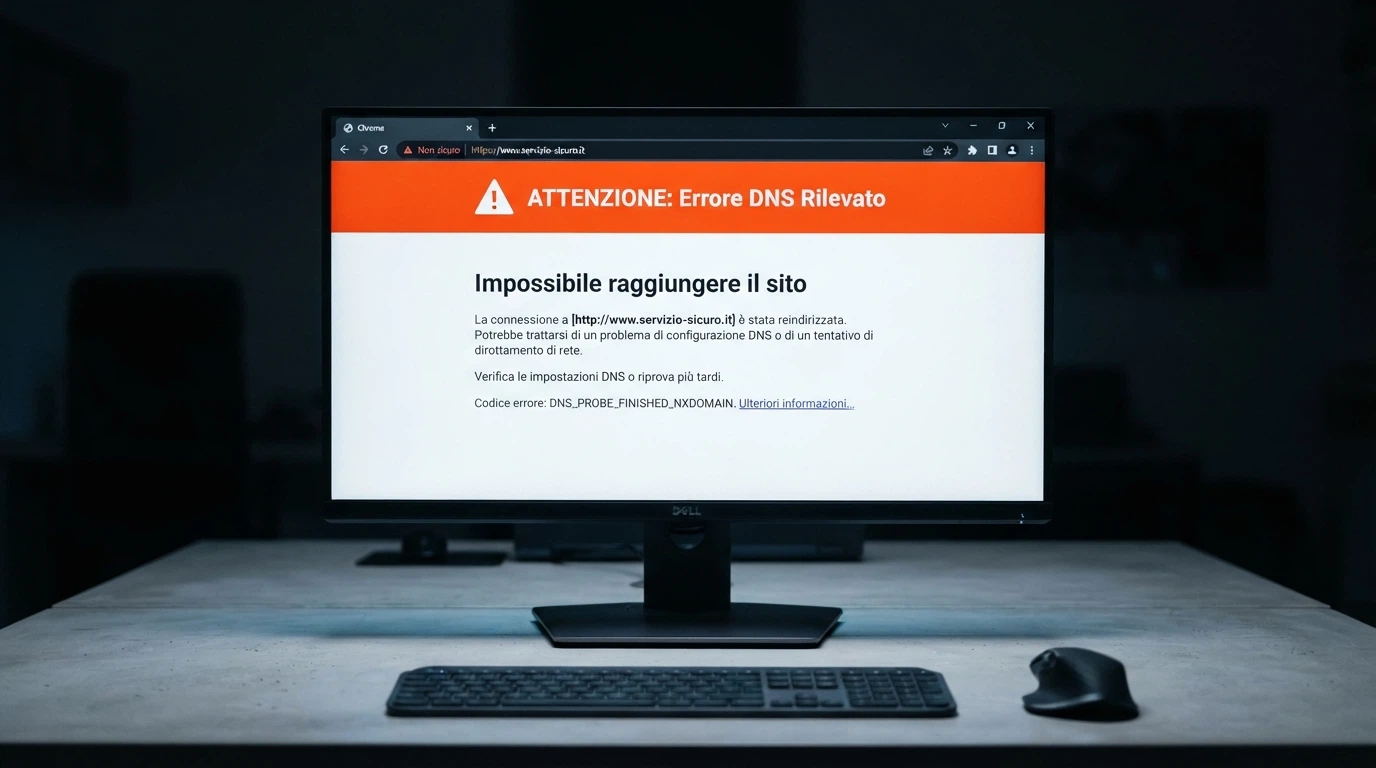 Un browser che mostra una pagina di errore di connessione con un messaggio di reindirizzamento
