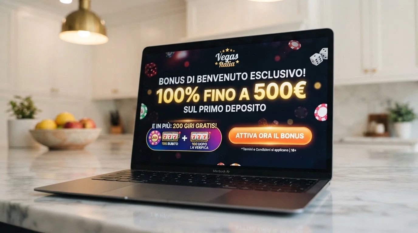 Schermata promozionale di un bonus di benvenuto con percentuale di match e giri gratis in evidenza