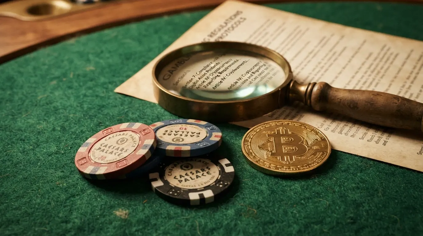 Una pila di chip da casinò accanto a monete Bitcoin, con una lente d'ingrandimento sui termini in piccolo