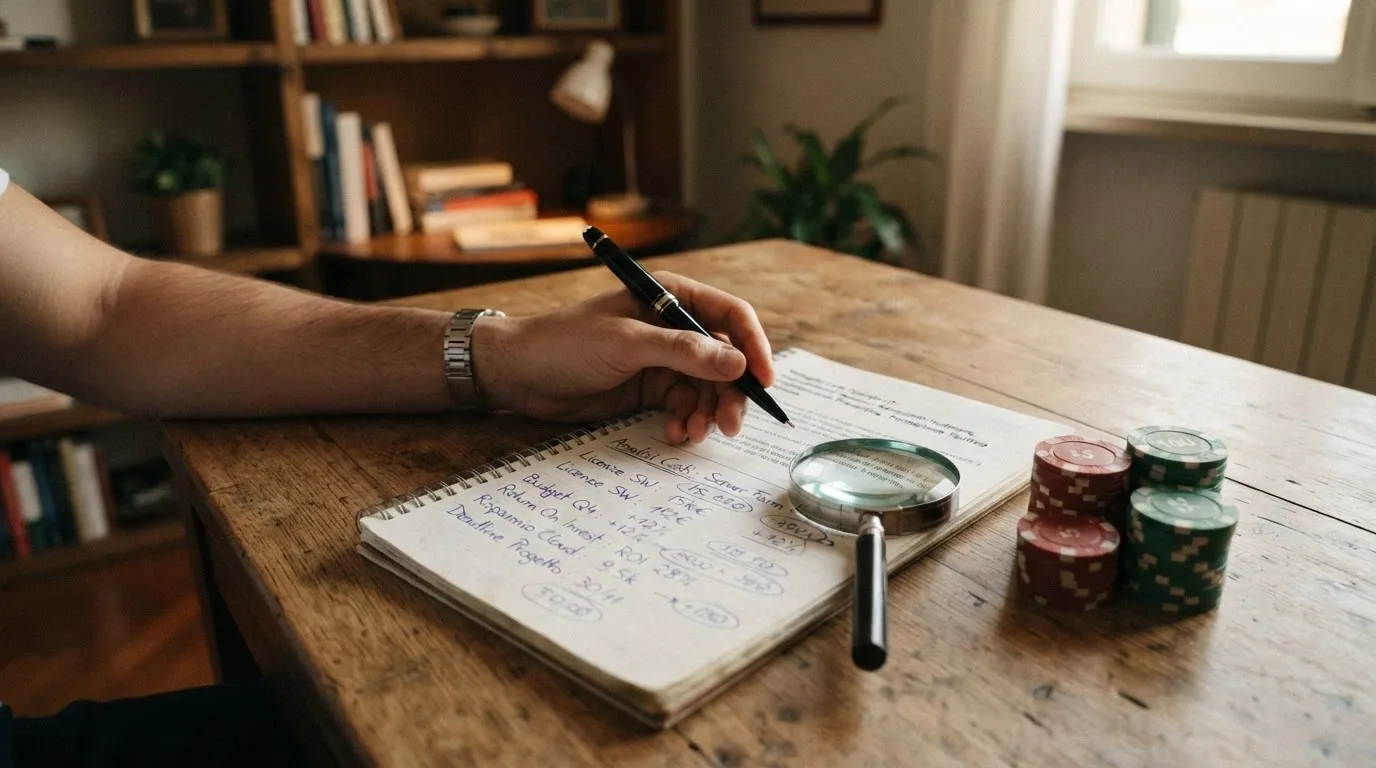 Una calcolatrice accanto a una pila di fiches, con una lente d'ingrandimento sulle scritte in piccolo «requisiti di puntata»