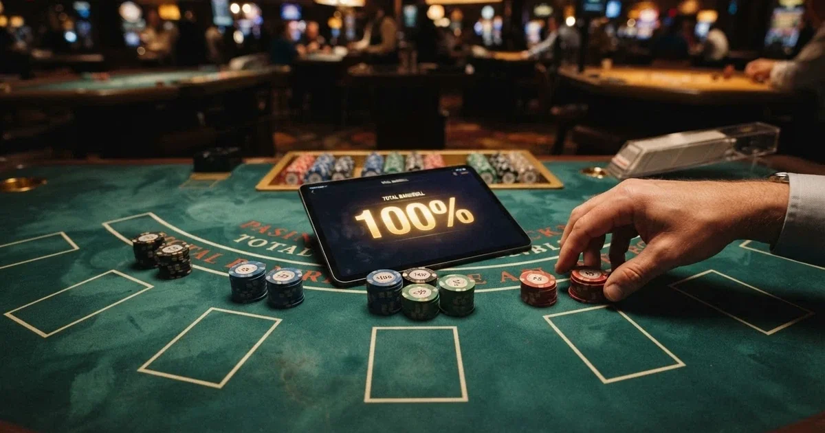 Un tavolo da casino con fiches e la scritta «bonus 100%» in evidenza su uno schermo