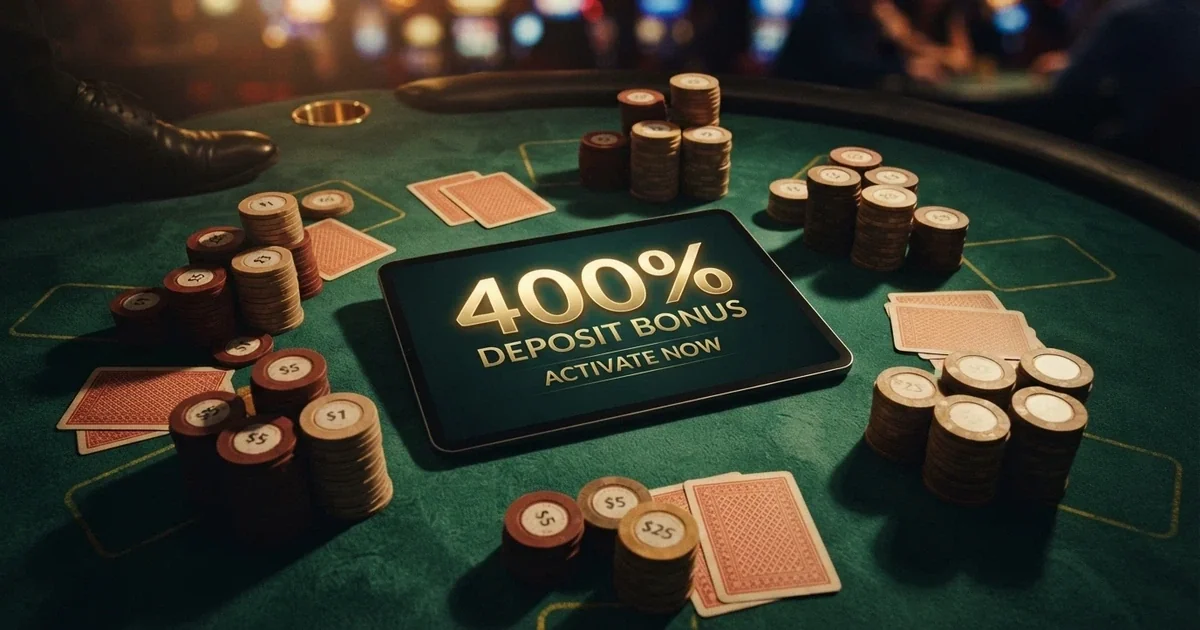 Un tavolo da casinò con fiches, carte e un display che mostra una percentuale di bonus