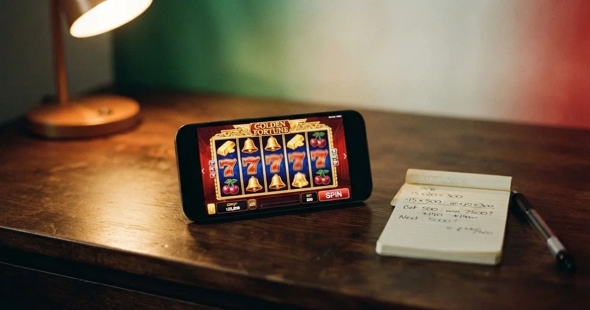 Una calcolatrice accanto a un telefono con la schermata di un casino online, su uno sfondo con il tricolore italiano in trasparenza