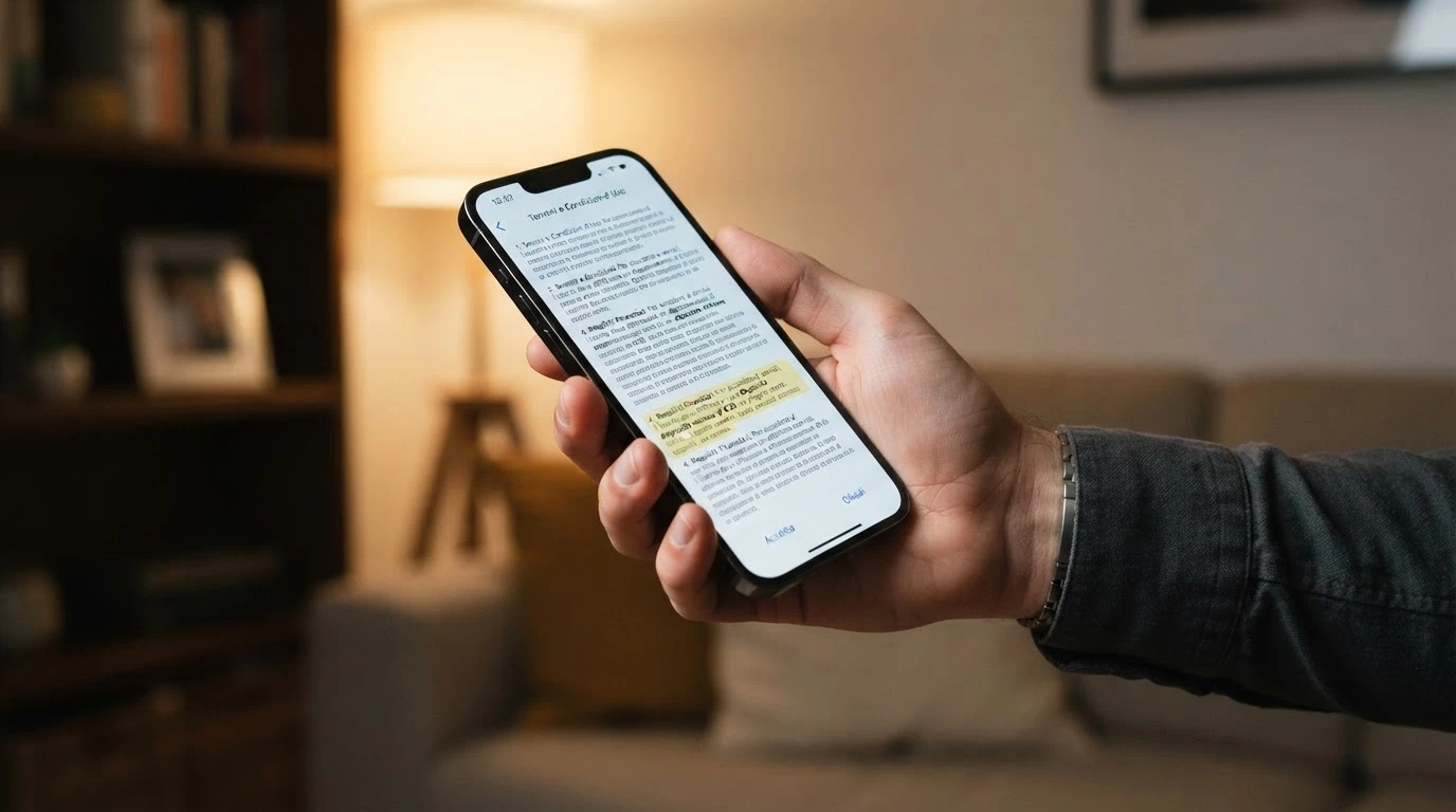 Un primo piano di un dito che scorre i termini e condizioni di un bonus di benvenuto, con evidenziato il paragrafo sul deposito minimo per l'attivazione