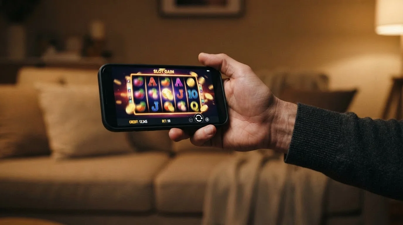 Una mano che regge uno smartphone in orizzontale con una slot machine animata sullo schermo, sullo sfondo un divano