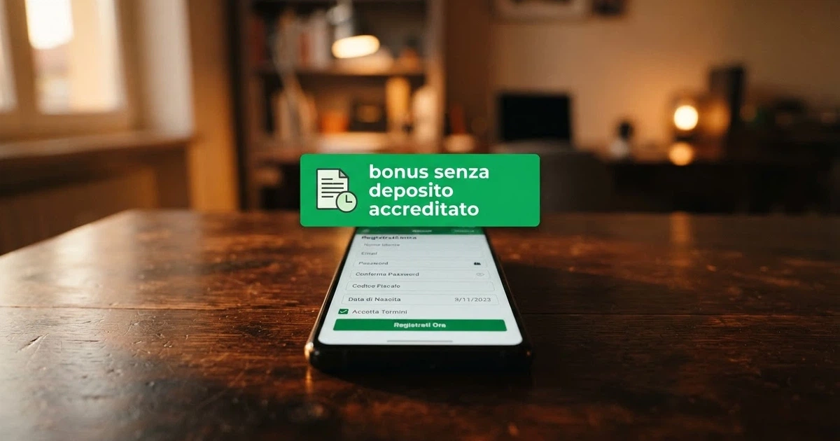 Un telefono che mostra la schermata di registrazione di un casinò online con la notifica «bonus senza deposito accreditato» e l'icona di un documento in attesa