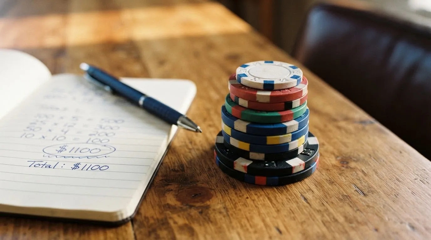 Chip da casinò impilati accanto a una calcolatrice con la scritta wagering 40x
