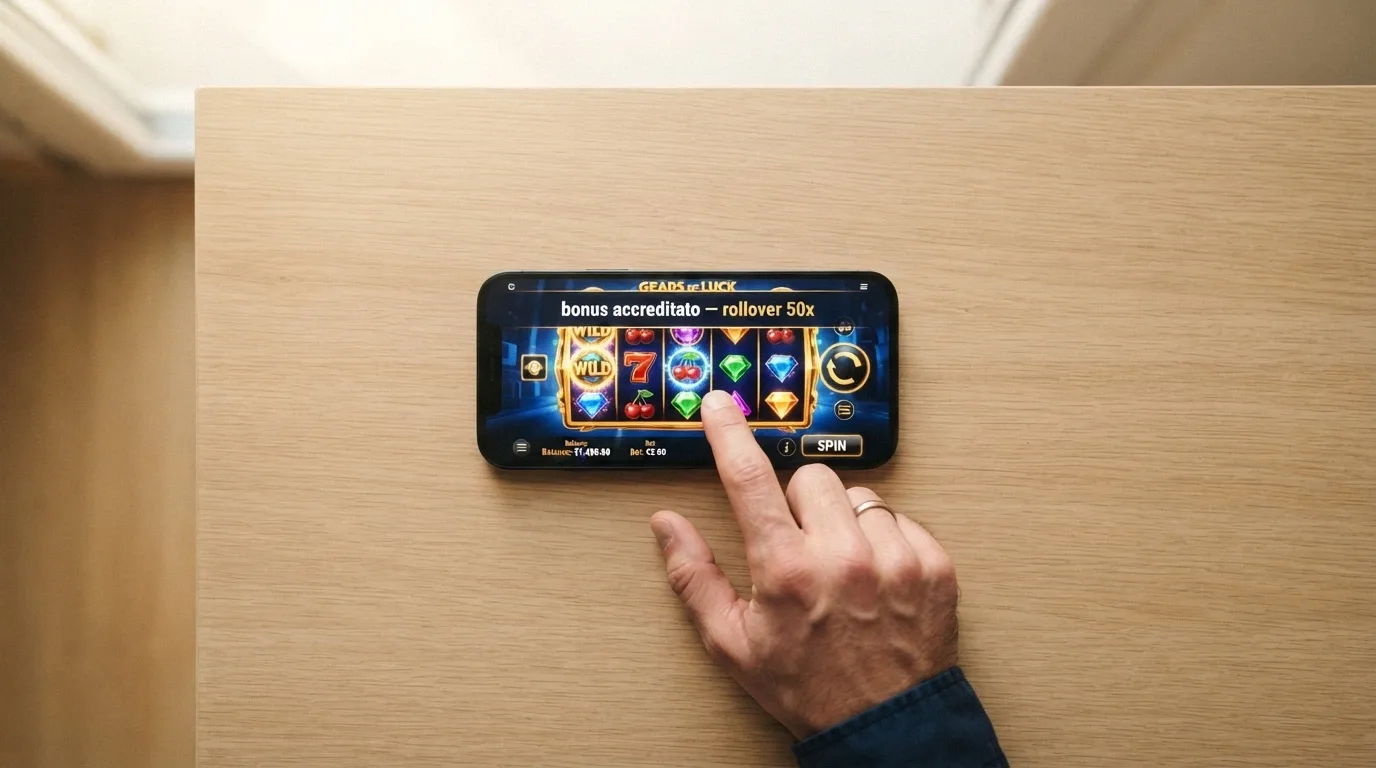 Una mano che sfiora lo schermo di uno smartphone con l'interfaccia di una slot machine e la notifica «bonus accreditato — rollover 50x»