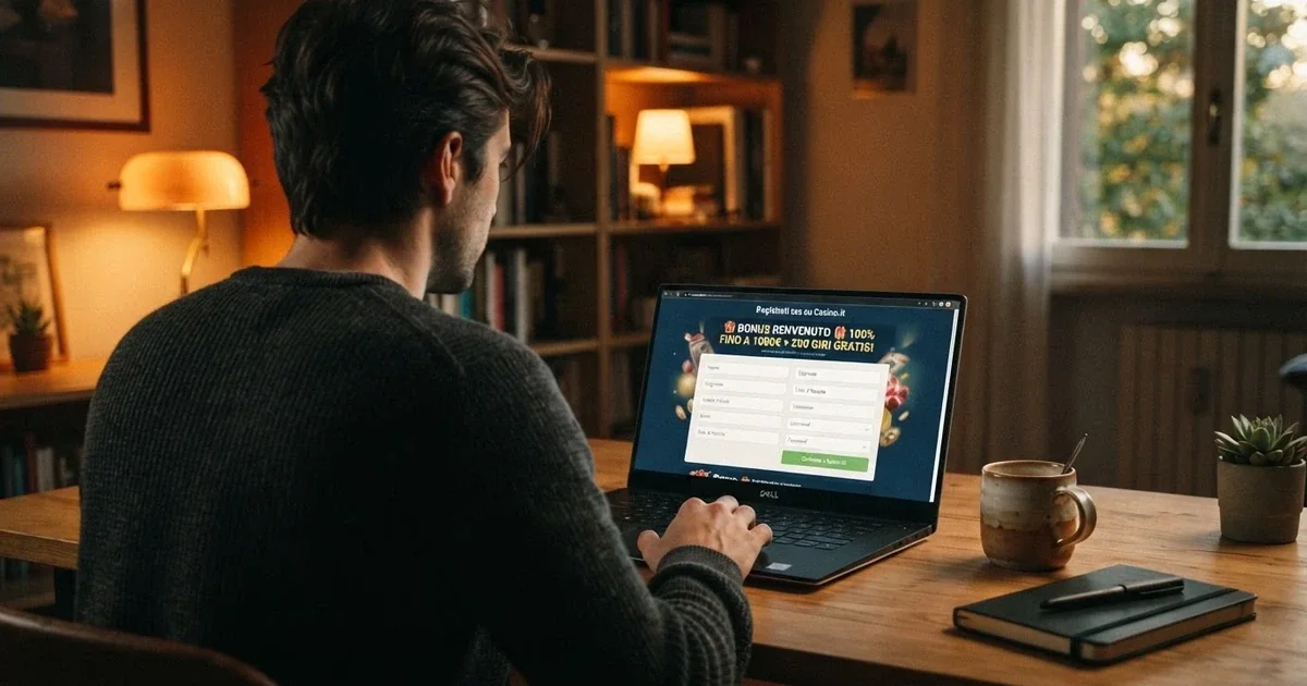 Un giocatore che consulta la pagina di registrazione di un casinò online su un laptop, con il modulo di iscrizione e l'offerta di bonus benvenuto in evidenza.