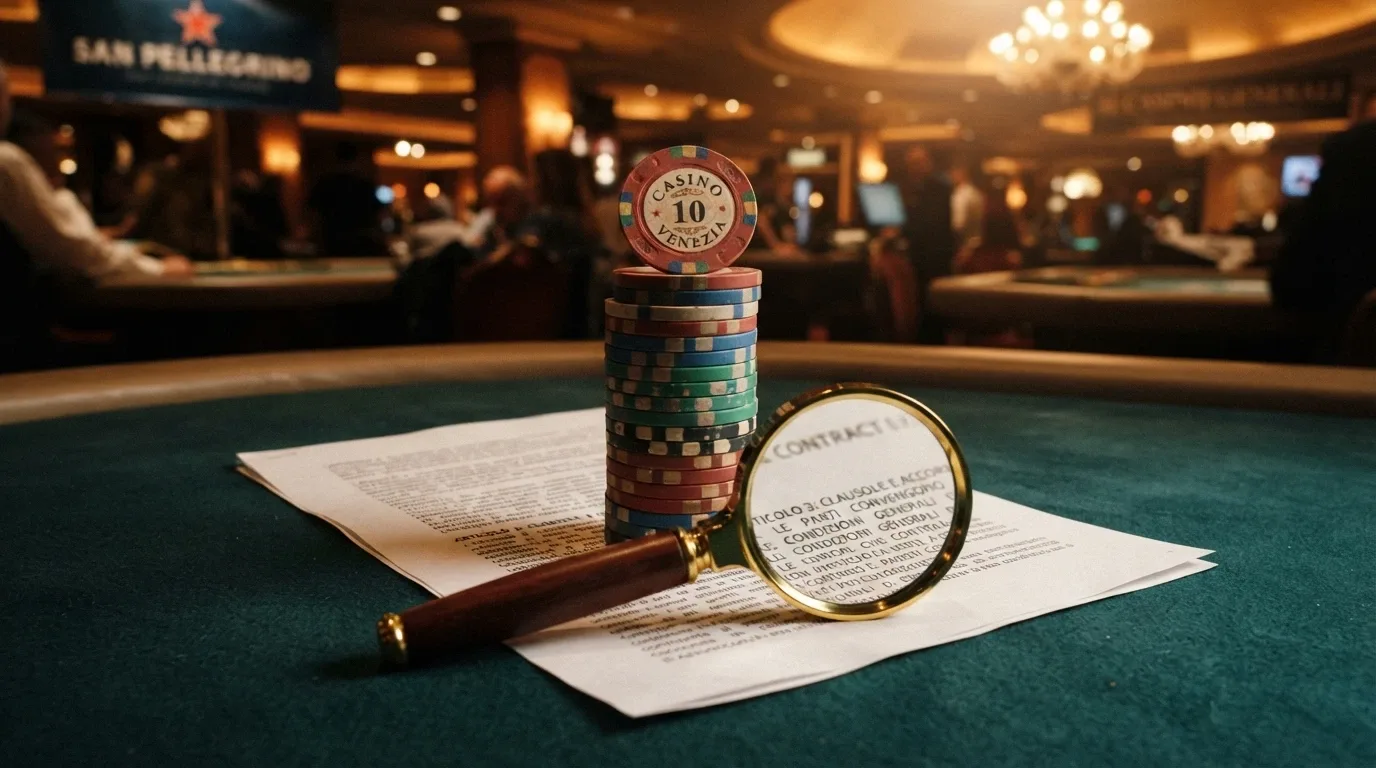 Una pila di fiches da casinò con sopra una lente che ingrandisce le clausole in piccolo di un contratto di bonus