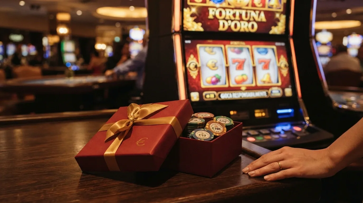 Un'illustrazione che mostra un pacco regalo con la scritta «Senza Deposito» e il simbolo della CIE, accanto a una slot machine