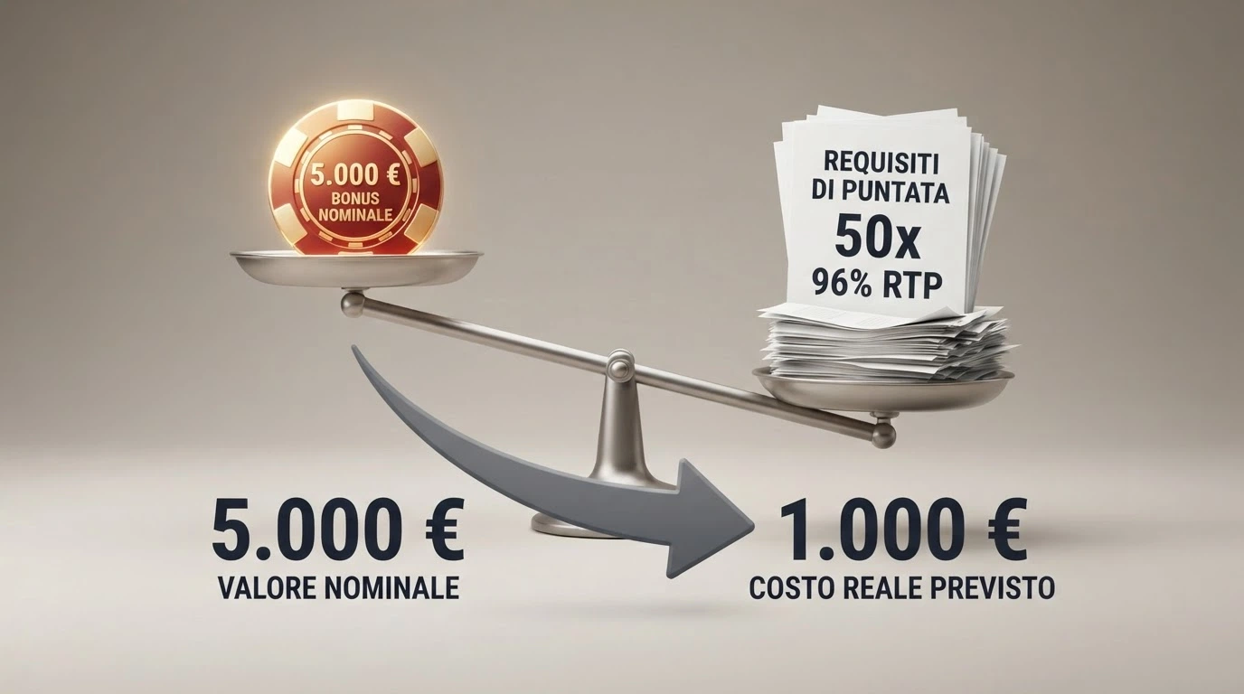 Calcolatrice o bilancia che mette a confronto il valore nominale del bonus con il costo del wagering per convertirlo