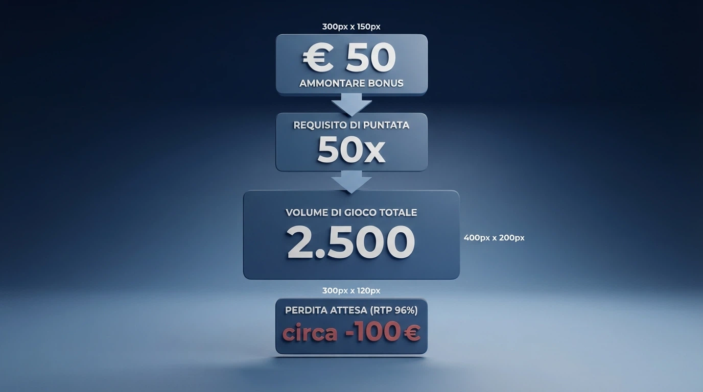 Schema visivo che mostra il percorso di un bonus da 50€ attraverso il requisito di puntata 50x fino al saldo prelevabile