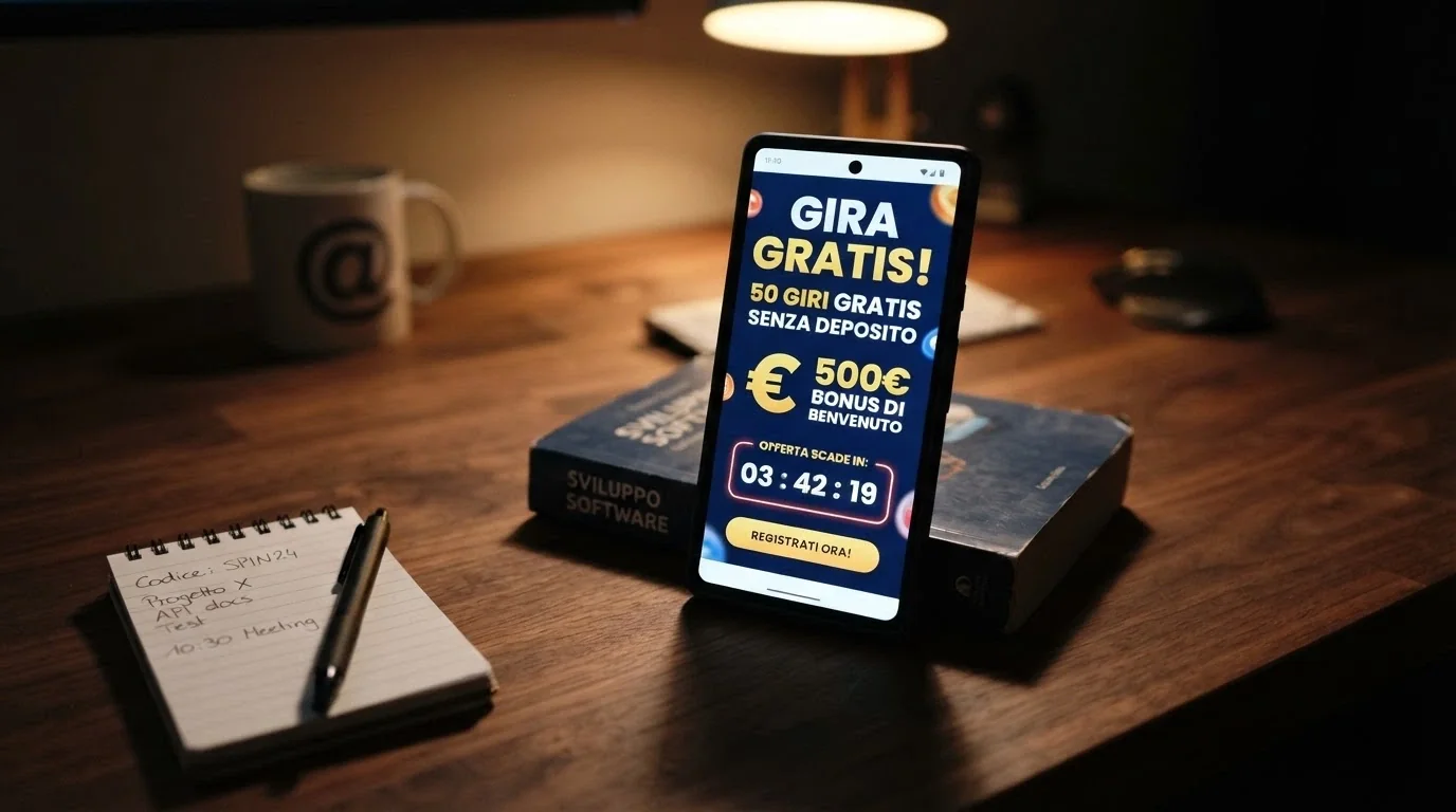 iPhone che mostra la schermata promozionale di un bonus senza deposito con l'indicazione dei giri gratuiti e della scadenza.