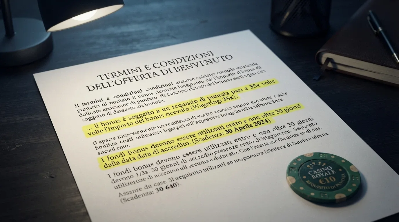 Un primo piano dei termini e condizioni di un bonus senza deposito con evidenziati il requisito di puntata e la scadenza