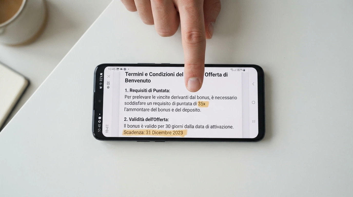 Un telefono Android che mostra la schermata dei termini di un bonus casinò, con il requisito di wagering e la scadenza evidenziati in giallo