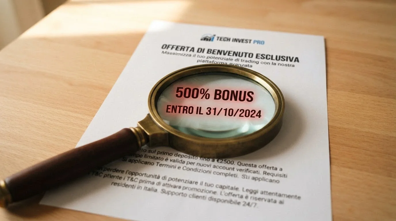 Una lente di ingrandimento su un bonus di benvenuto, con evidenziati in rosso il moltiplicatore di wagering e la data di scadenza