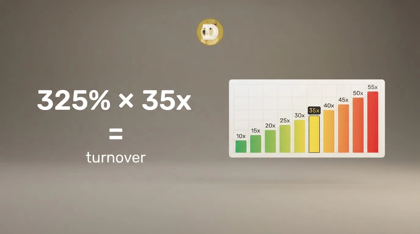 Un'equazione semplificata: «325% × 35x = turnover richiesto» affiancata a un grafico a barre che confronta il wagering dei 10 operatori
