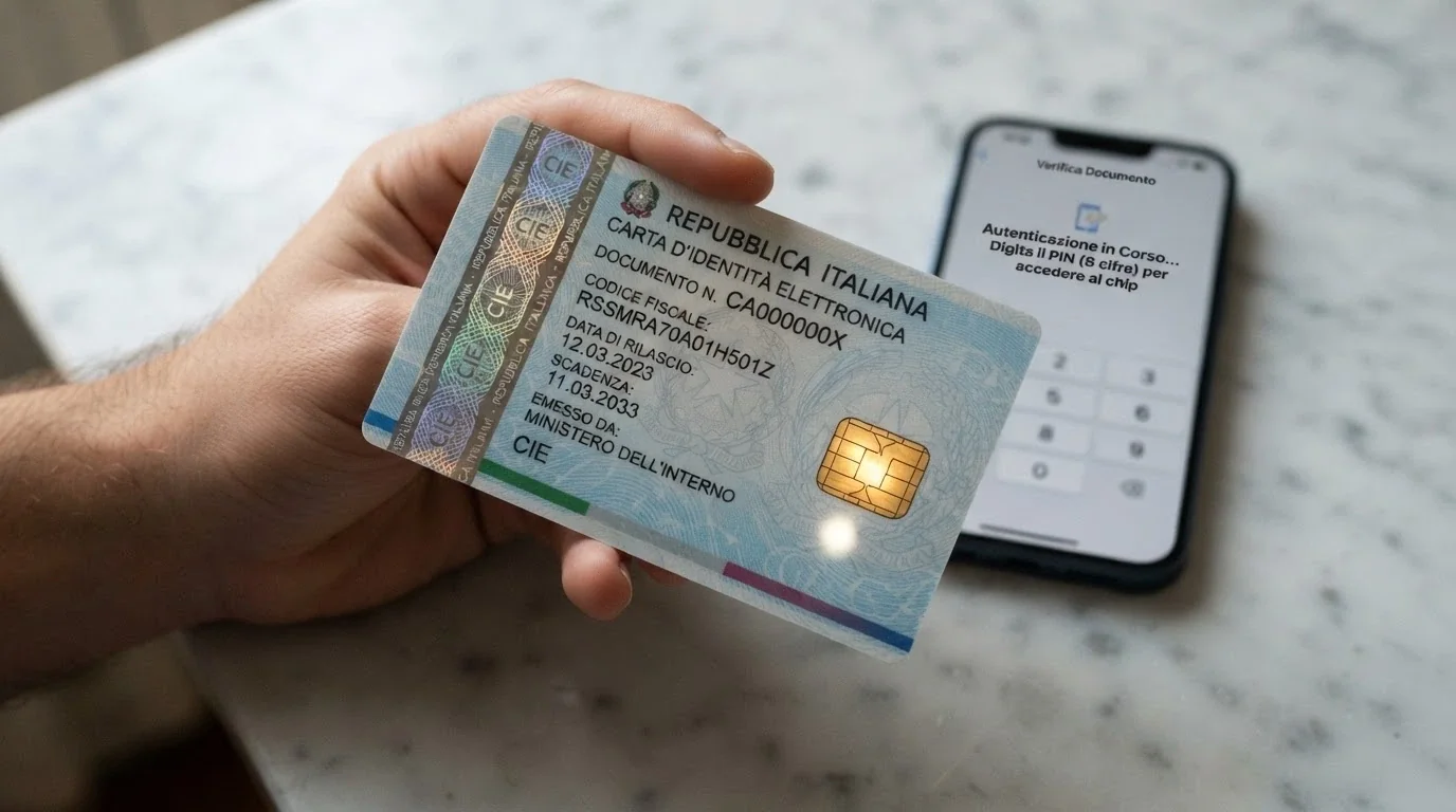 Il retro di una CIE in primo piano con il chip NFC evidenziato, accanto allo schermo di uno smartphone con l'app CieID aperta