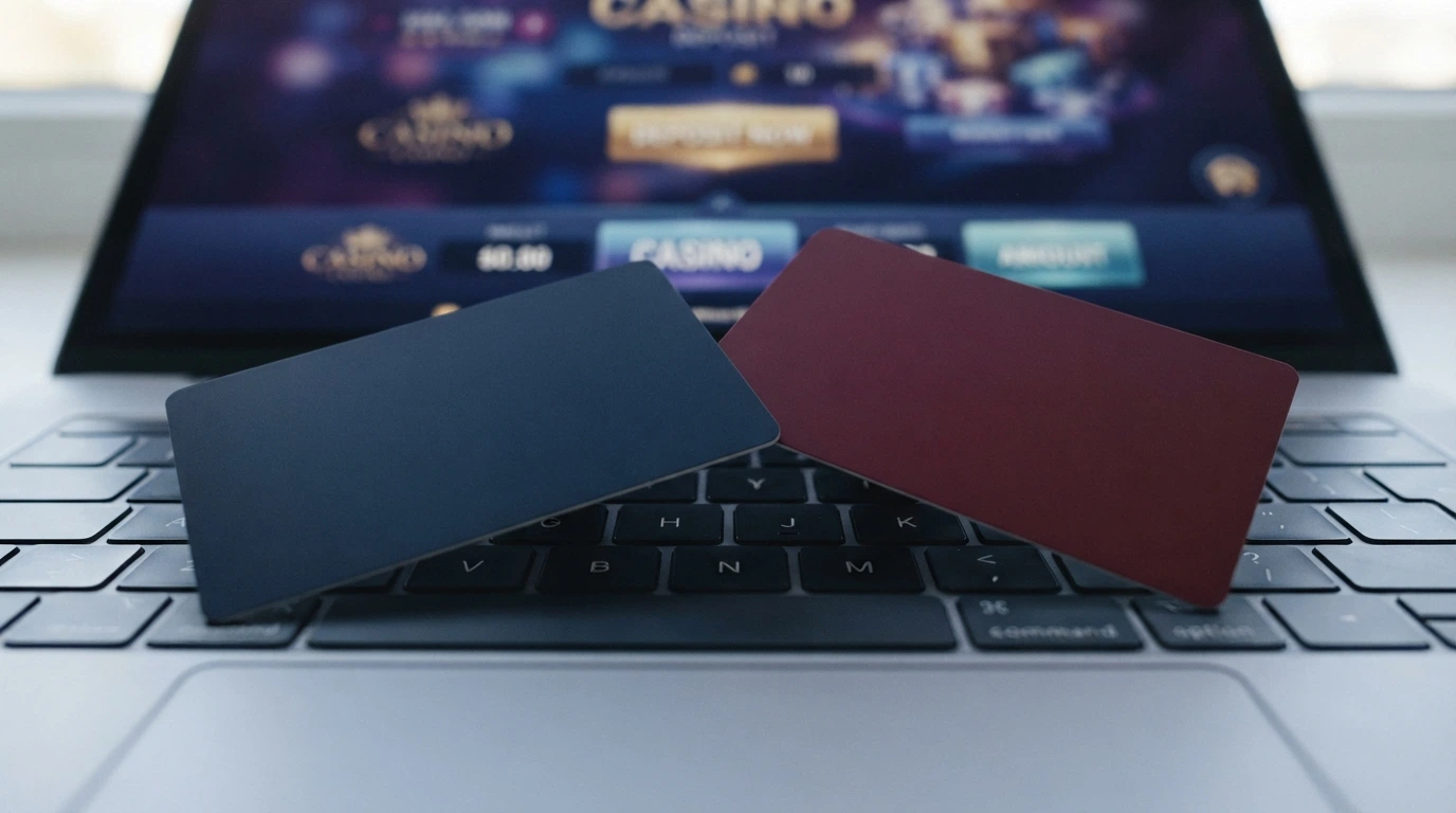 Un primo piano di una carta Visa e una Mastercard appoggiate sulla tastiera di un laptop, con sullo sfondo l'interfaccia di deposito di un casinò ADM