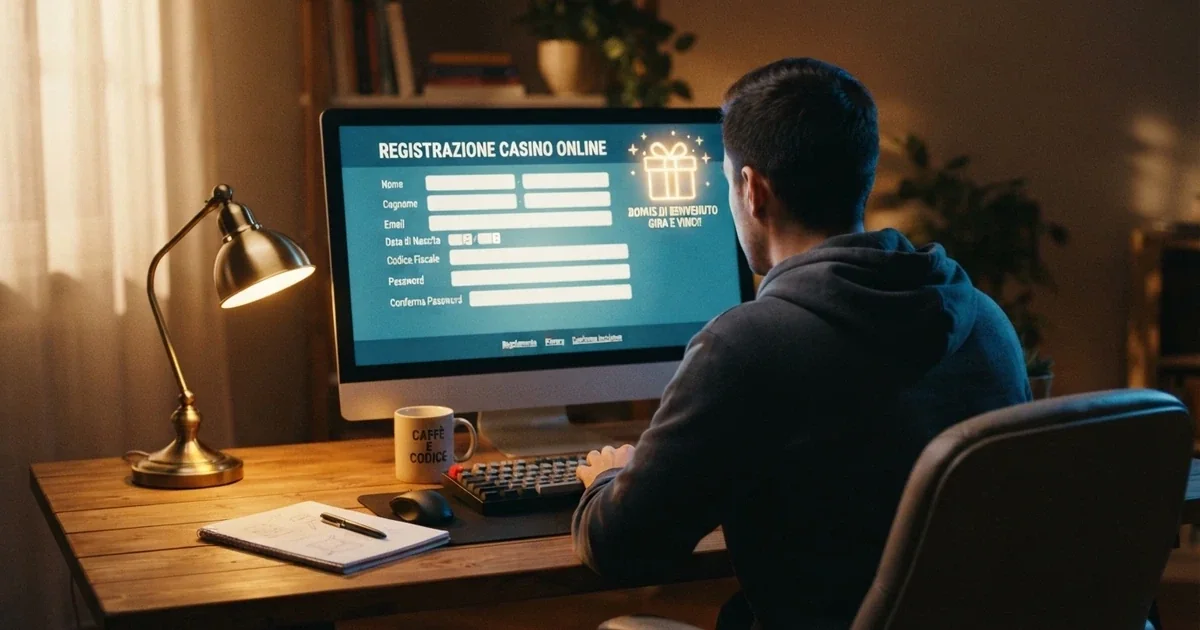 Un giocatore seduto davanti allo schermo di un computer con una schermata di registrazione casinò aperta e un'icona regalo che lampeggia nell'angolo