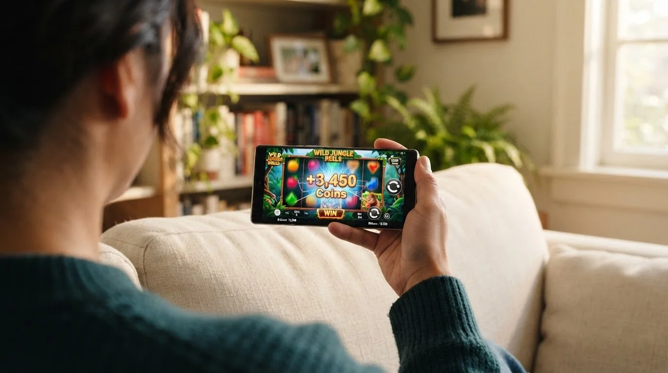 Uno smartphone che mostra una slot BTG in landscape, con le icone di Apple App Store e Google Play accanto