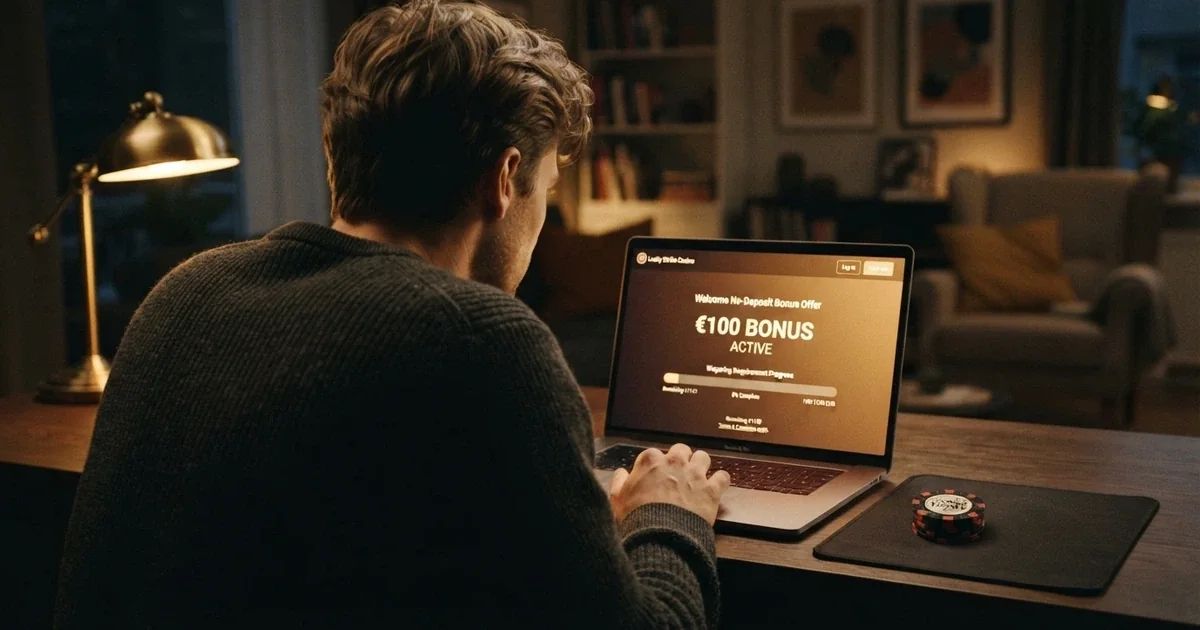 Un giocatore che consulta la schermata dei bonus di un casinò online su un laptop