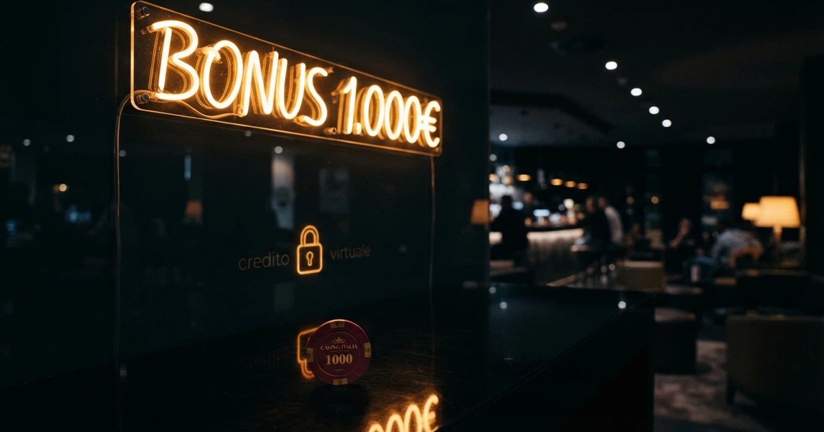 Scritta luminosa «Bonus 1.000€» su uno schermo con un lucchetto e la dicitura «credito virtuale» in sovrimpressione
