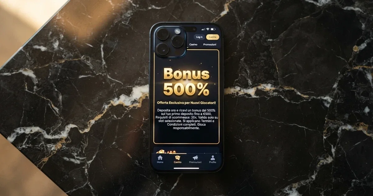 Un primo piano di una schermata di casinò online su smartphone con la scritta «Bonus 500%» in evidenza e condizioni in piccolo sotto