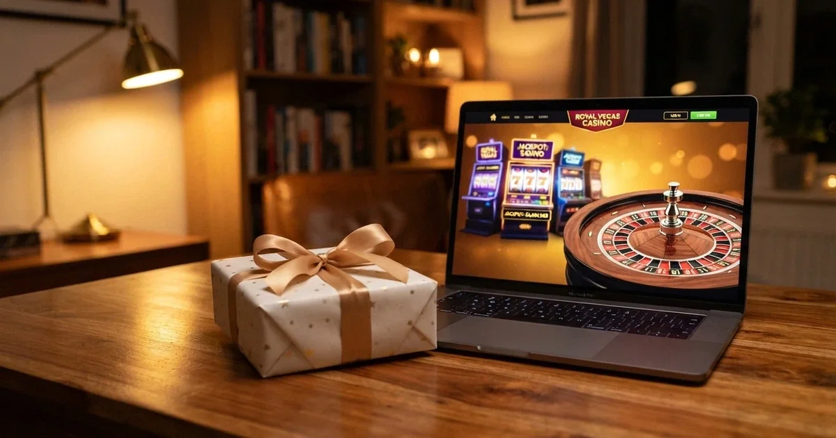 Un regalo di compleanno incartato con un fiocco accanto allo schermo di un computer che mostra la lobby di un casinò online
