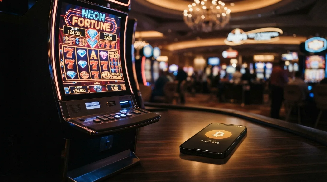 Un wallet digitale stilizzato accanto a una slot machine, con il simbolo di Bitcoin in evidenza e uno schermo che mostra «bonus crypto»