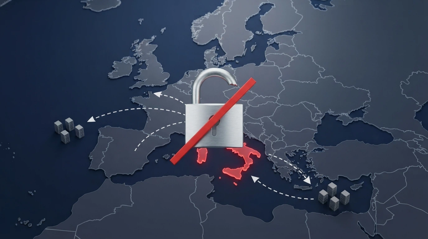 Una mappa stilizzata dell'Europa con l'Italia evidenziata in rosso e frecce tratteggiate che puntano verso server anonimi offshore, con un lucchetto sbarrato in sovrimpressione
