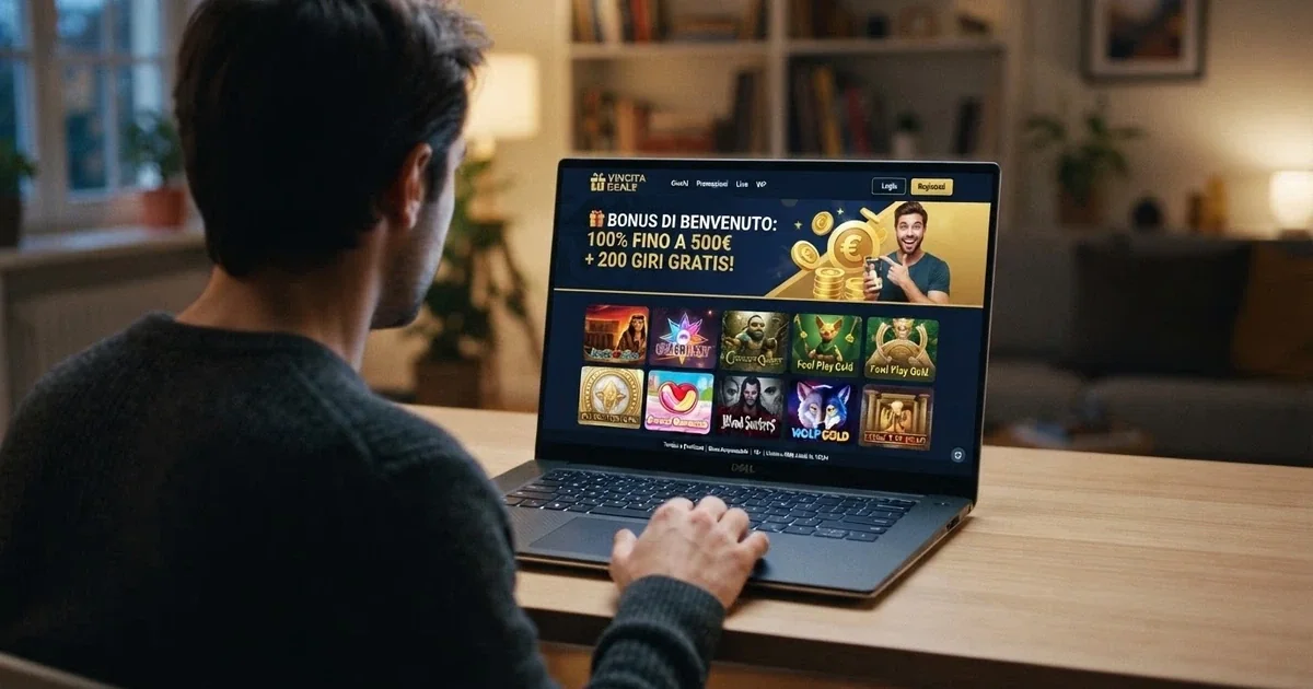 Schermata di un casinò online europeo con interfaccia in italiano, logo ADM nel footer e sezione bonus in evidenza