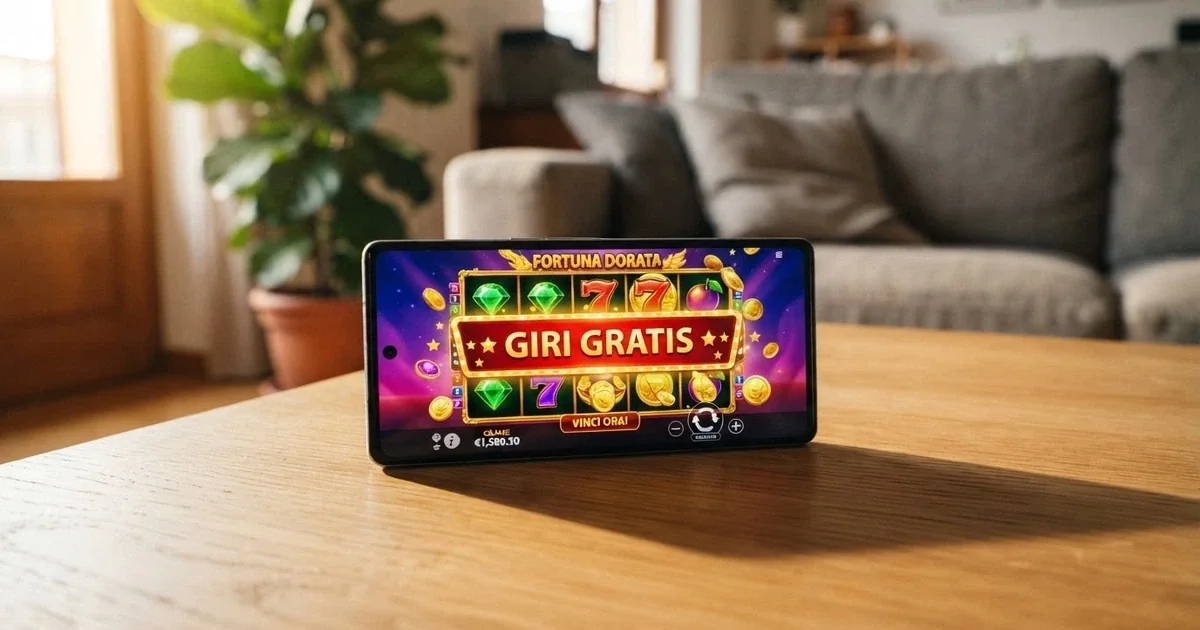 Un primo piano di uno smartphone che mostra una slot machine colorata con la scritta «Giri Gratis» sullo schermo, appoggiato su un tavolo da caffè
